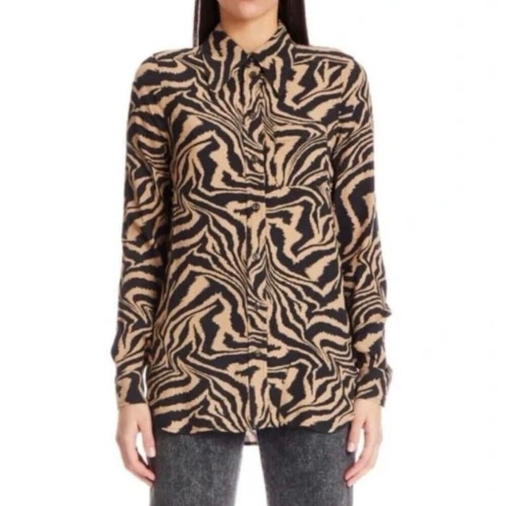 GANNI Animal Print  viscose collared Shirt women’s Sz. XXS brown zebra